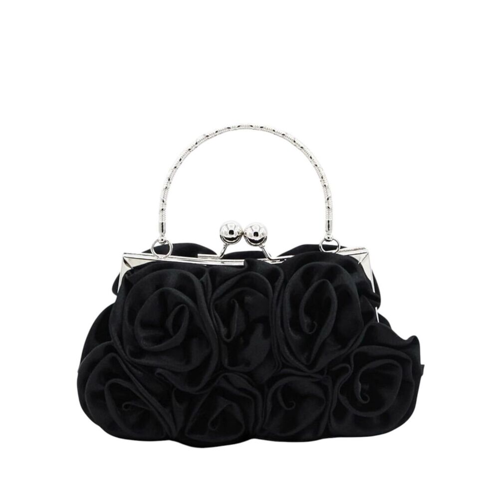 NEW Black Floral Rosette Evening Handbag
